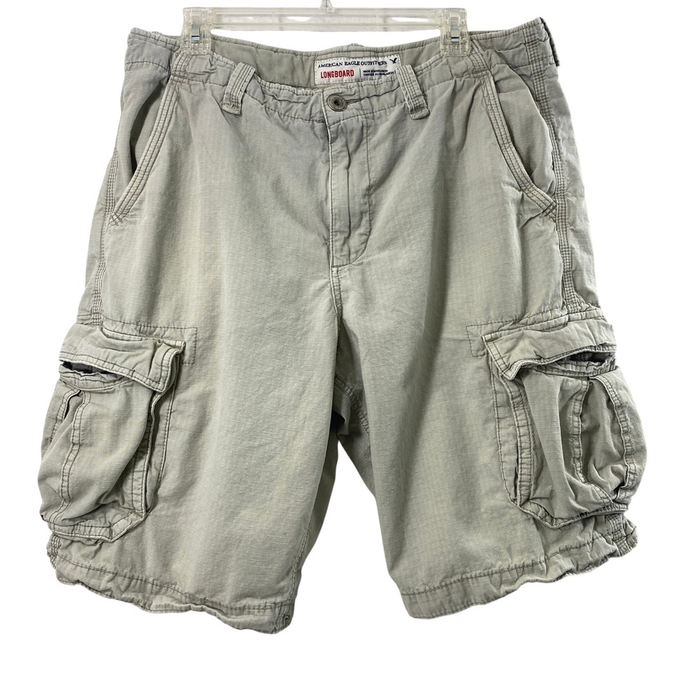 American Eagle Cargo Shorts Mens 36 Longboard Khaki Tan Ripstop Utility Gorpcore